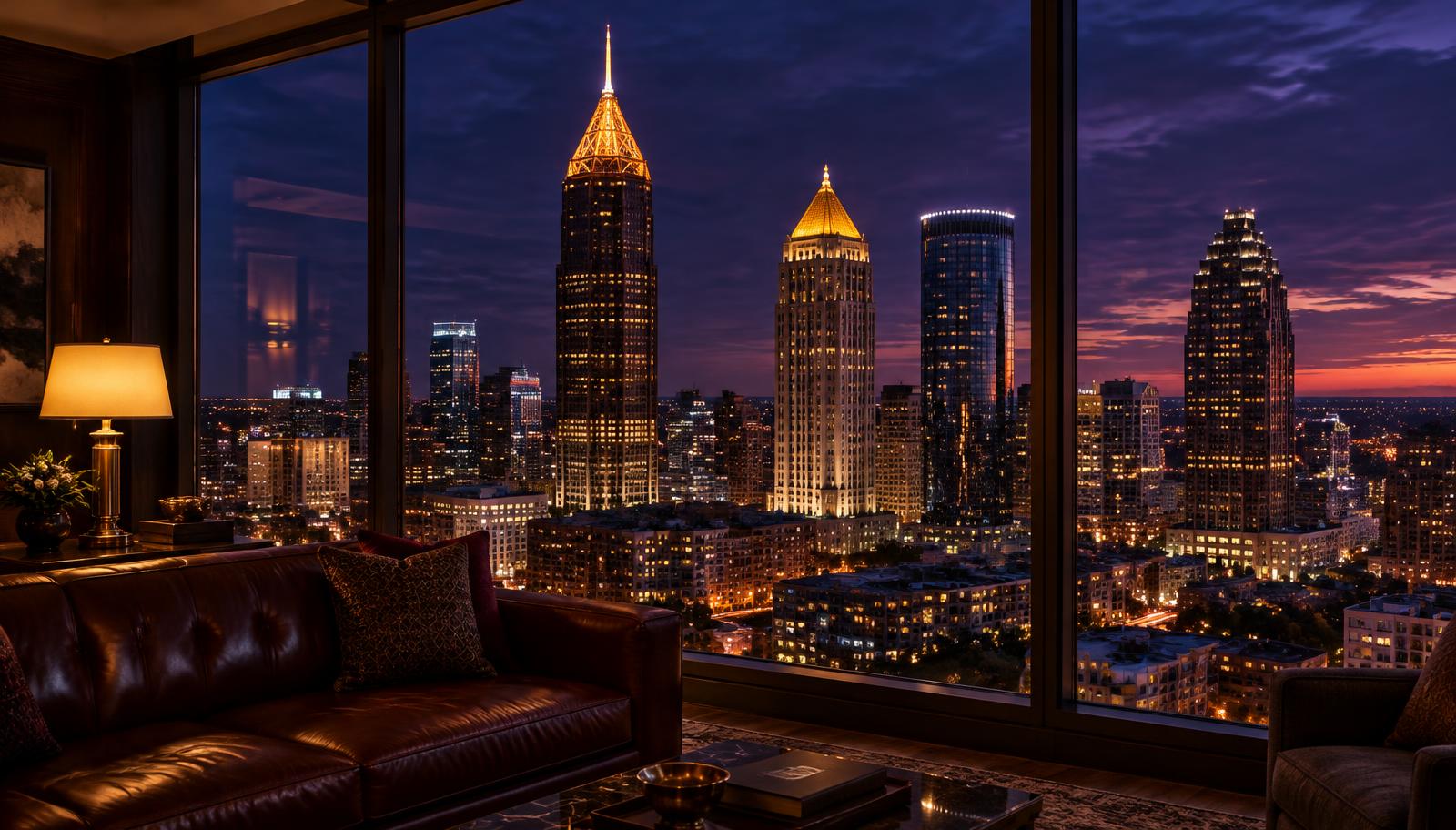Atlanta skyline at night from an executive suite
